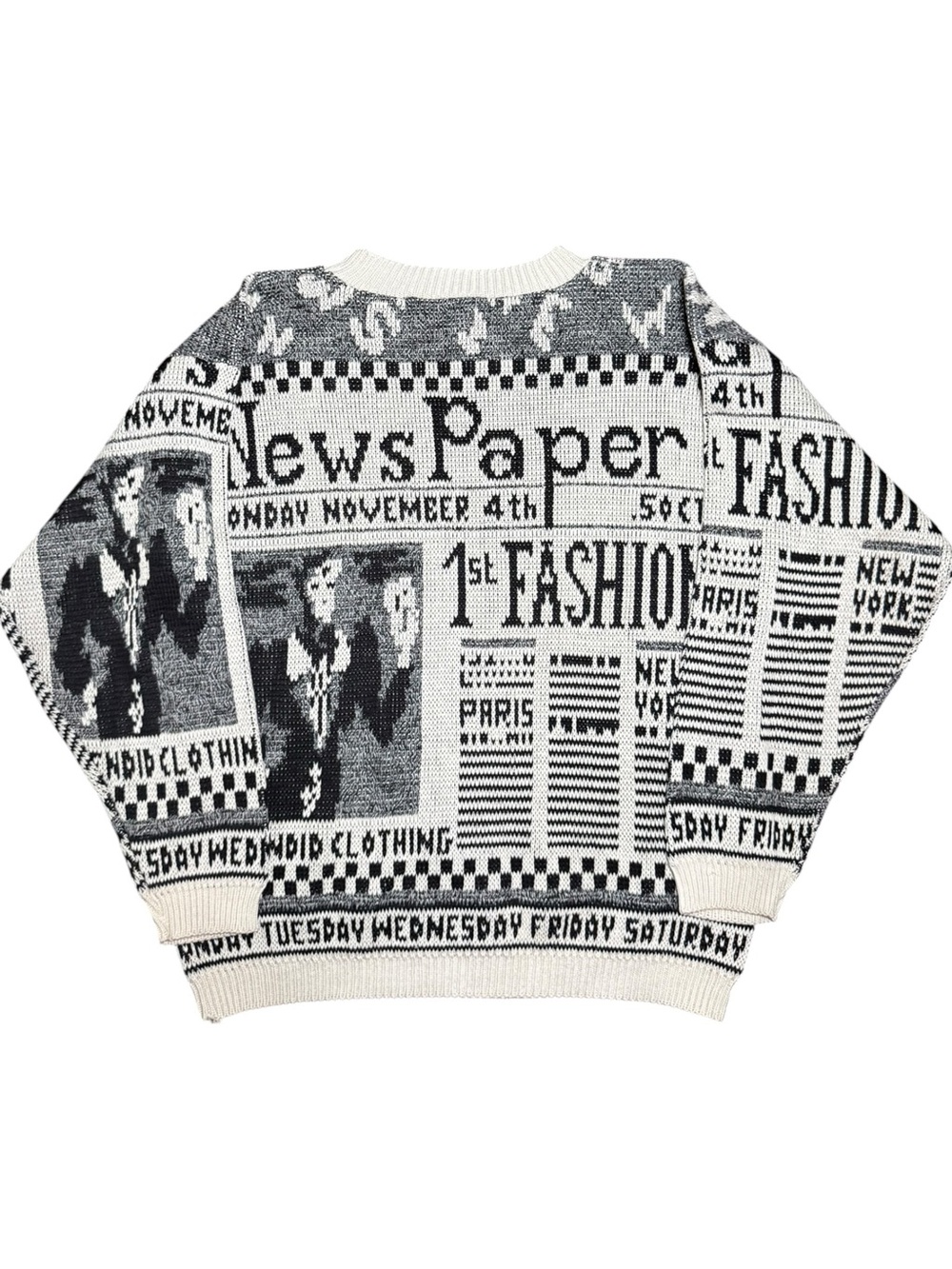 Newspaper Print 80s Vintage Fall Sweater - Picture 2 of 8